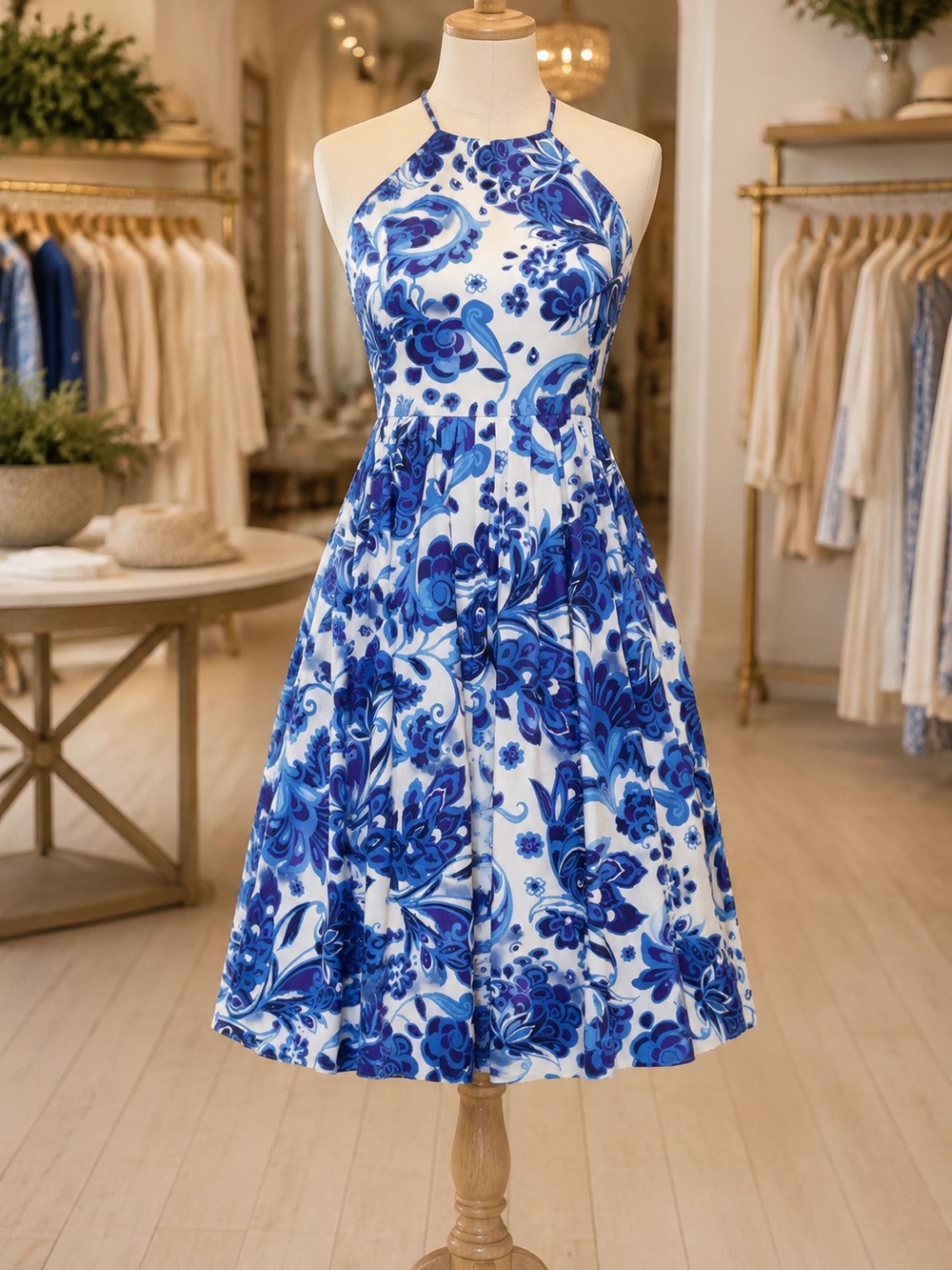 Caroline Constas Blue & White Floral Halter Greta Dress USA